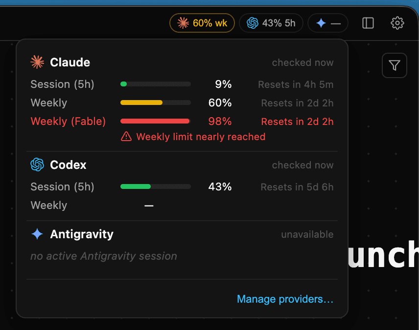 Provider usage panel showing Claude, Codex, and Antigravity session windows