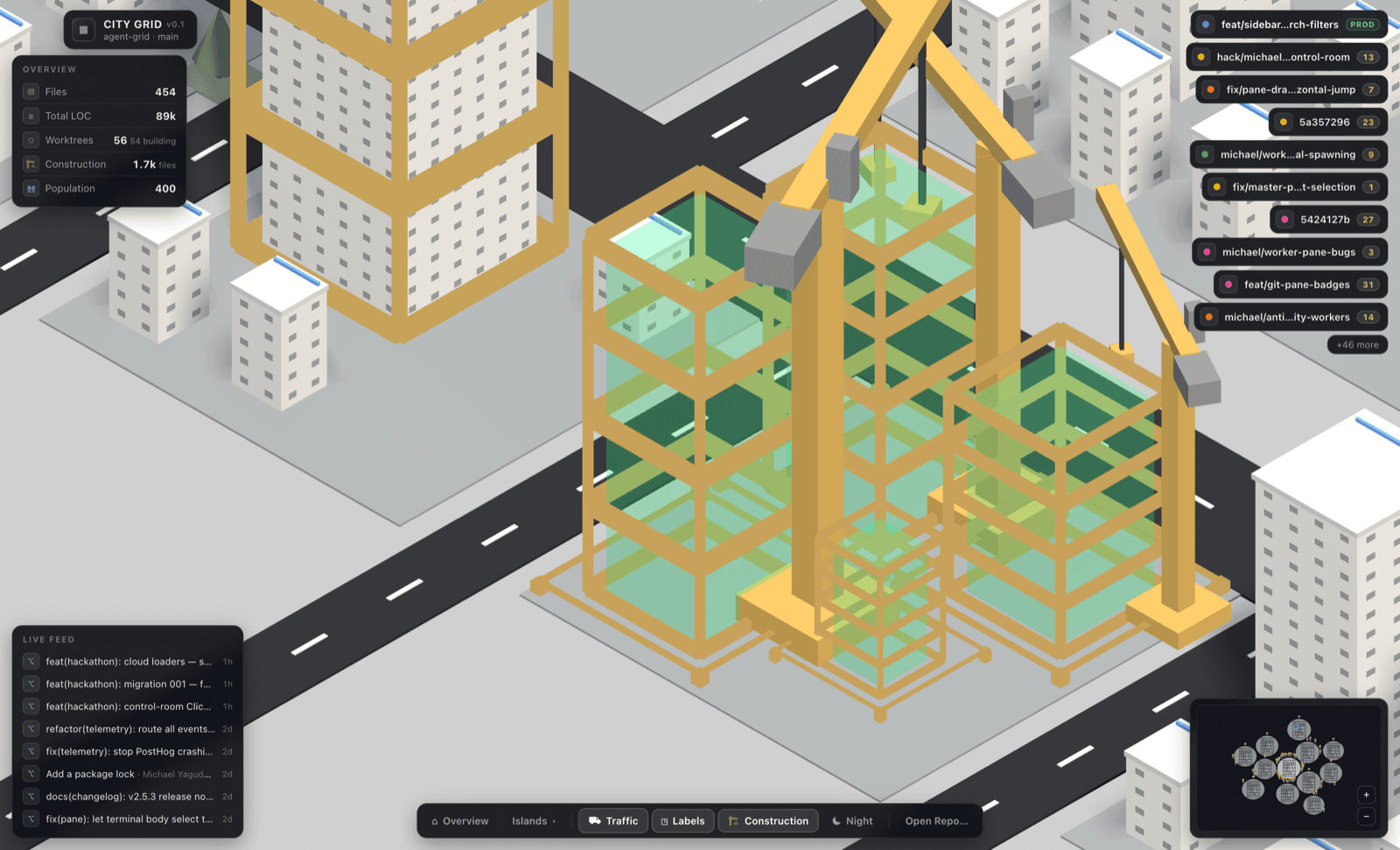Construction close-up: tower cranes over a building under construction, translucent green ghost floors stacking up the added lines.