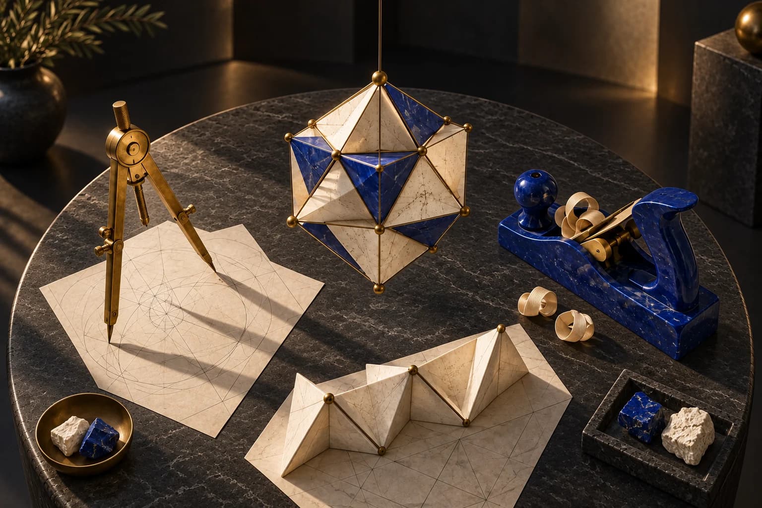 Conceptual illustration of a brass compass, a cobalt hand plane and folded geometric forms around a suspended polyhedron.
