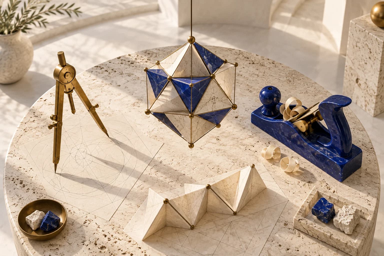 Conceptual illustration of a brass compass, a cobalt hand plane and folded geometric forms around a suspended polyhedron.