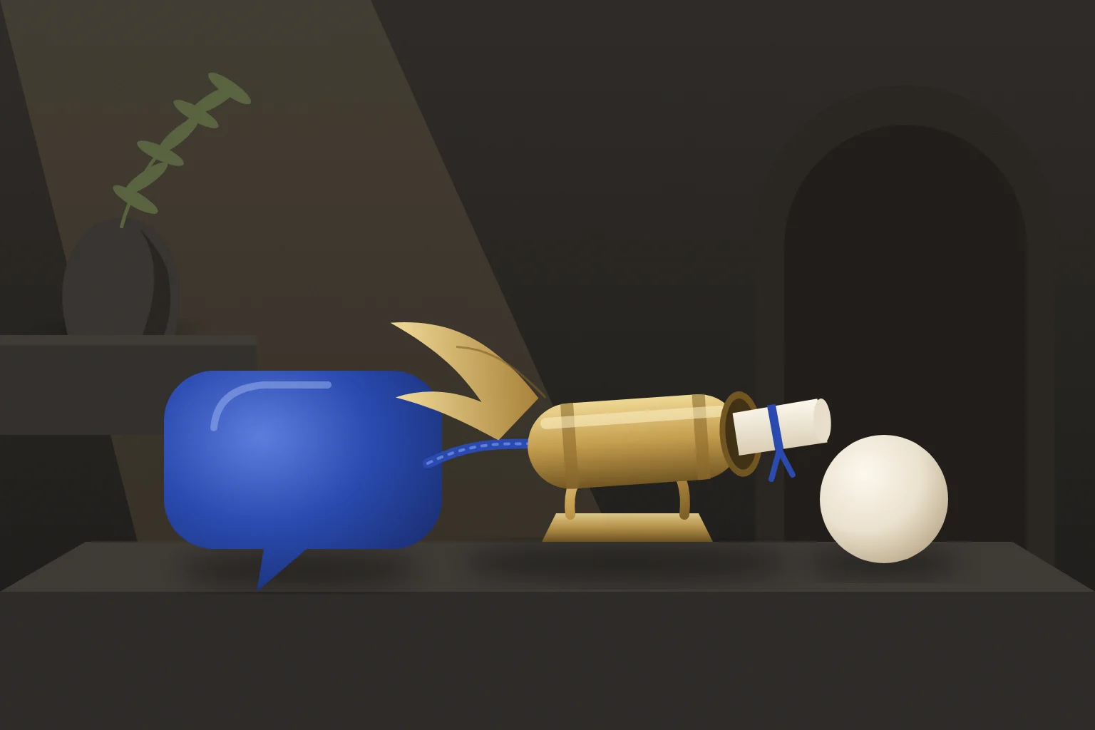Conceptual illustration of a cobalt speech bubble linked by a cord to a winged brass message canister carrying a rolled note, beside an ivory sphere.