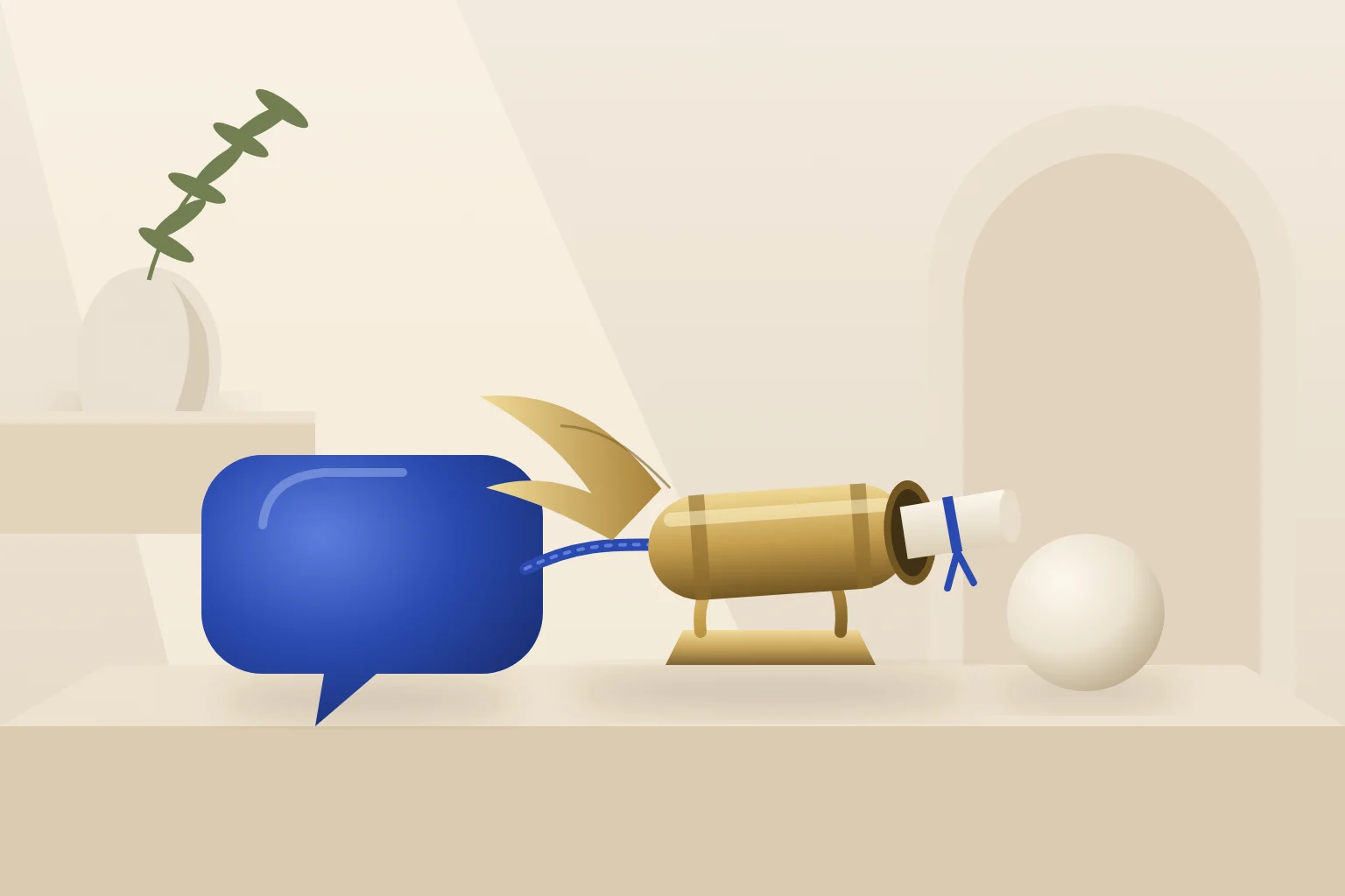 Conceptual illustration of a cobalt speech bubble linked by a cord to a winged brass message canister carrying a rolled note, beside an ivory sphere.