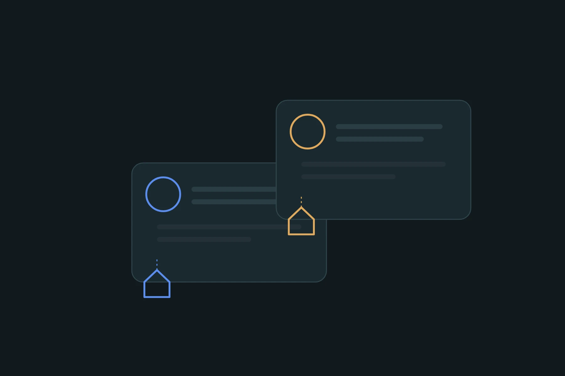Two overlapping account cards, each with its own monogram and a small home icon connected below it by a dotted line.