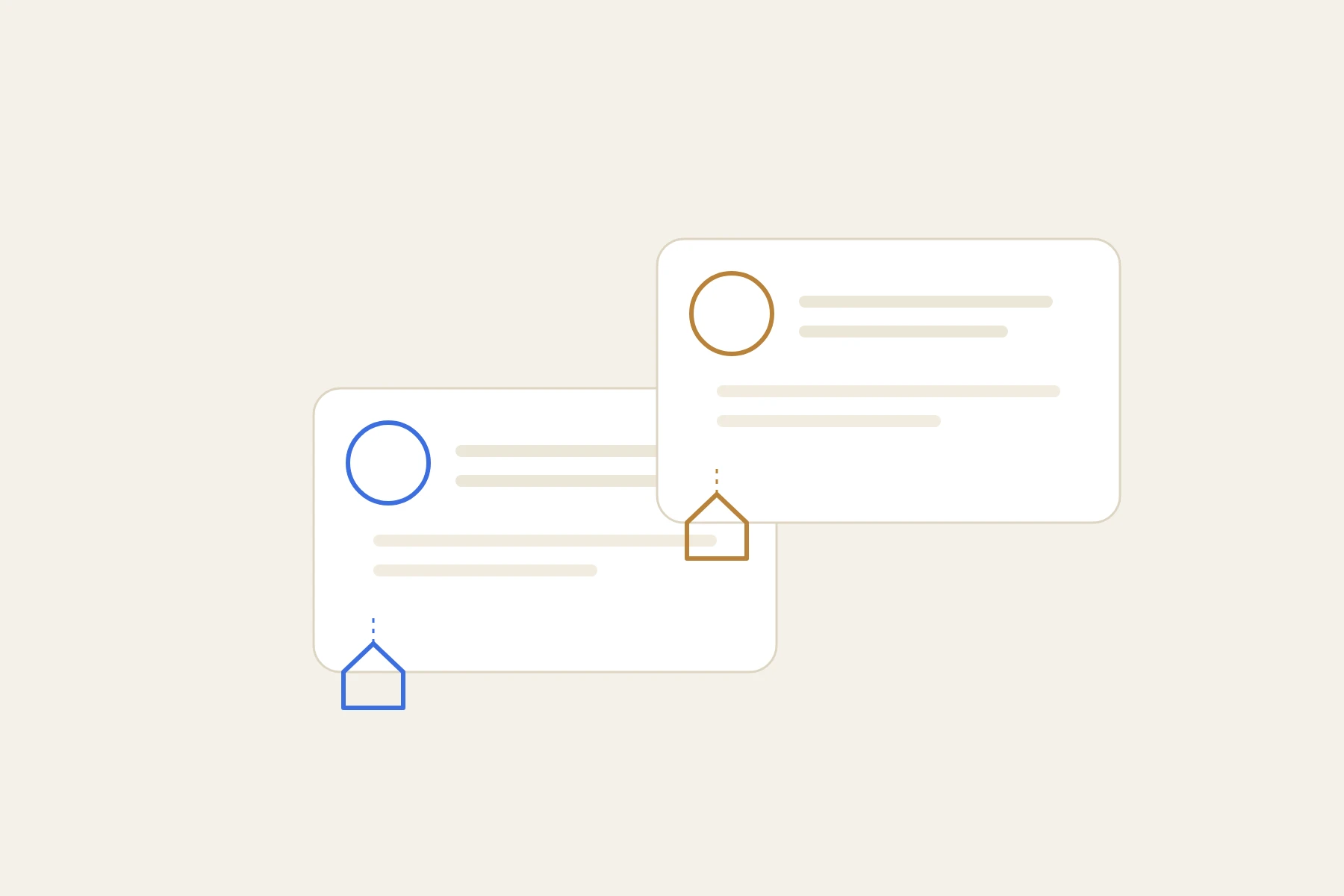 Two overlapping account cards, each with its own monogram and a small home icon connected below it by a dotted line.