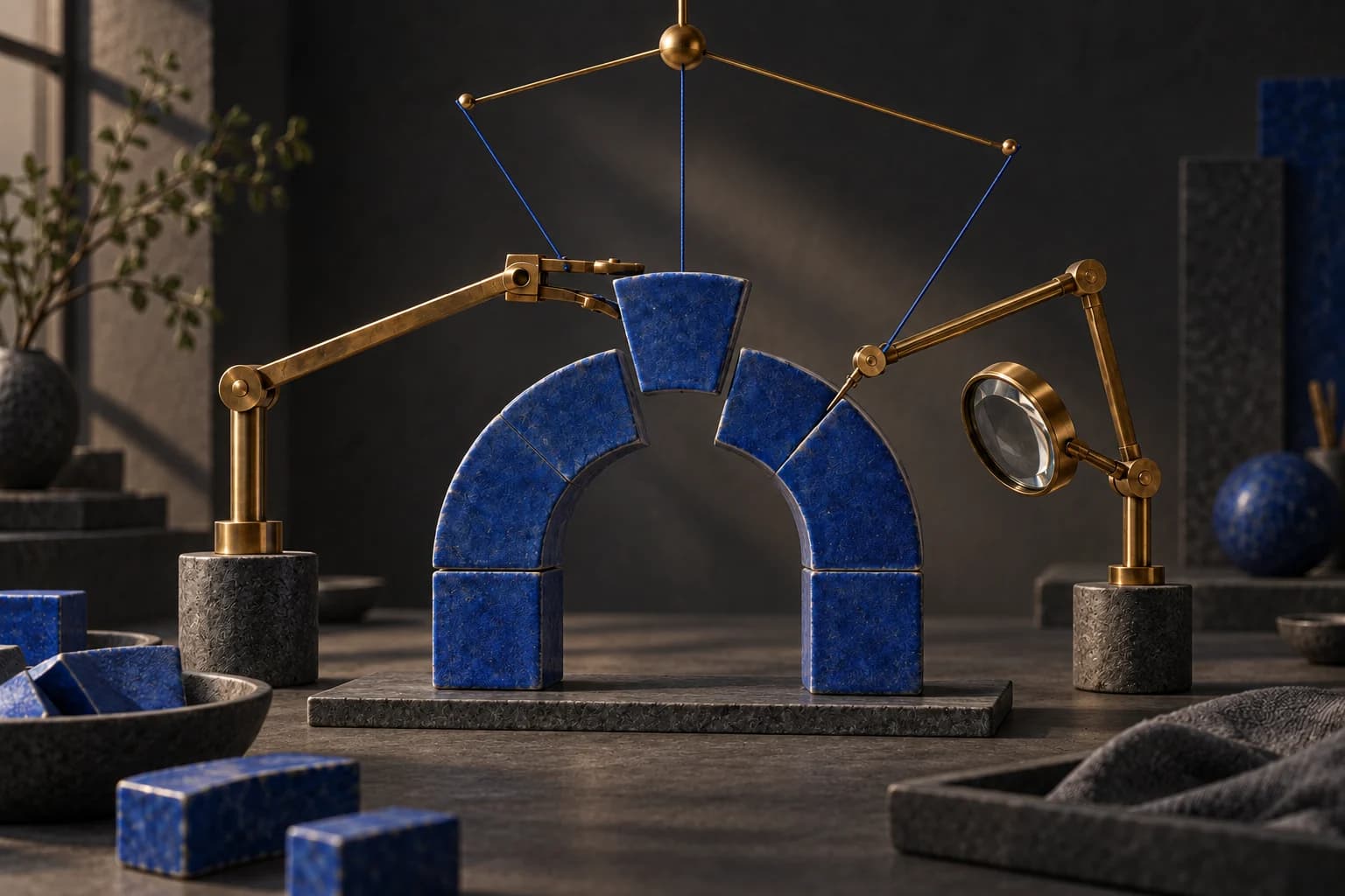 Conceptual illustration of precision tools assembling and inspecting a blue ceramic arch.
