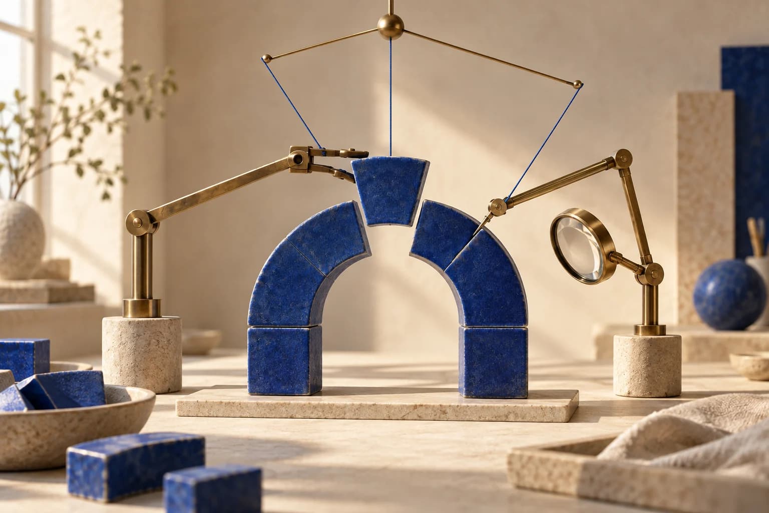 Conceptual illustration of precision tools assembling and inspecting a blue ceramic arch.