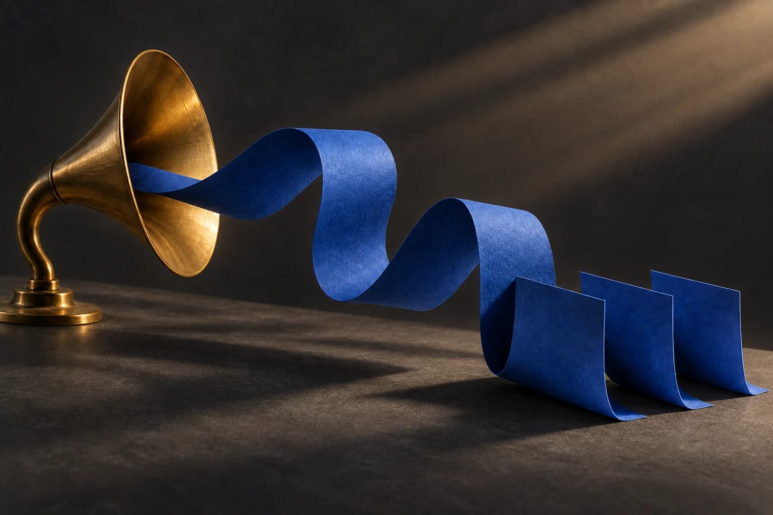 Conceptual illustration of a blue ribbon flowing from an acoustic horn into folded paper leaves.