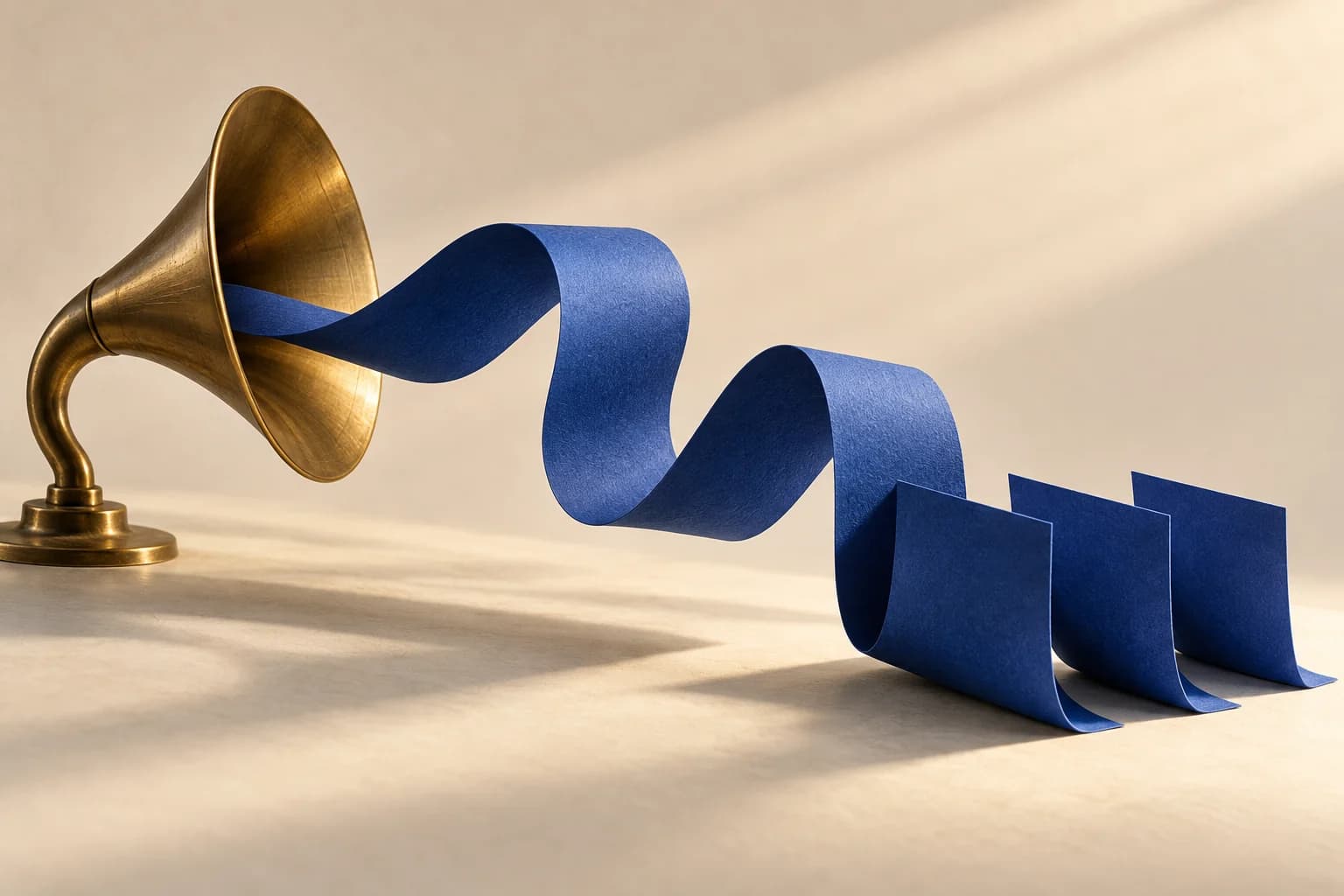 Conceptual illustration of a blue ribbon flowing from an acoustic horn into folded paper leaves.
