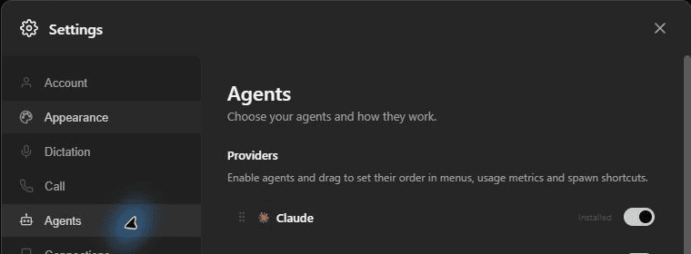 AgentGrid Settings on Agents, showing the Claude provider installed and enabled.