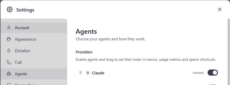 AgentGrid Settings on Agents, showing the Claude provider installed and enabled.