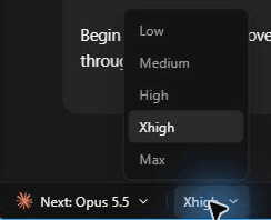 AgentGrid effort menu with Xhigh selected and Next: Opus 5.5 in the footer.