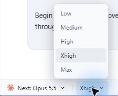 AgentGrid effort menu with Xhigh selected and Next: Opus 5.5 in the footer.