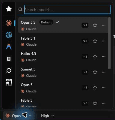 AgentGrid model menu with Opus 5.5 selected.