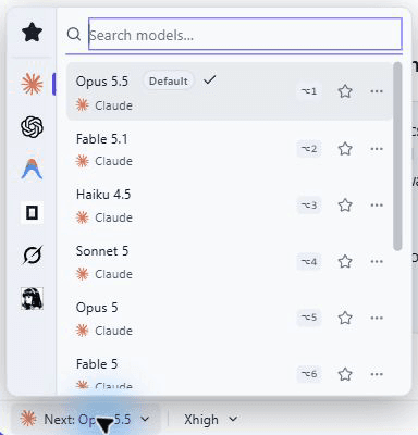 AgentGrid model menu with Opus 5.5 selected.