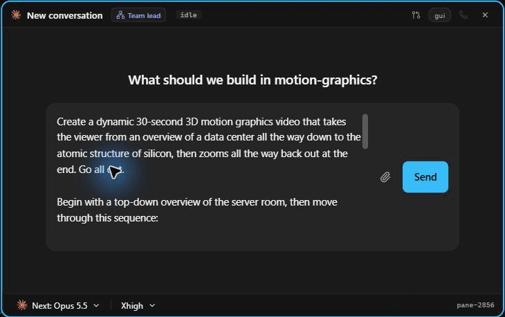 Unsent motion graphics brief in an AgentGrid conversation, with a Send button and Next: Opus 5.5 and Xhigh in the footer.