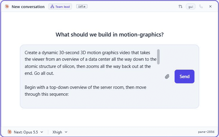 Unsent motion graphics brief in an AgentGrid conversation, with a Send button and Next: Opus 5.5 and Xhigh in the footer.
