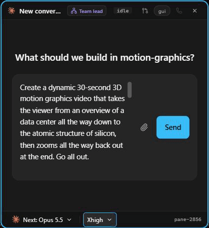 Narrow AgentGrid conversation showing the opening of the unsent motion graphics brief, Send, Next: Opus 5.5 and Xhigh.