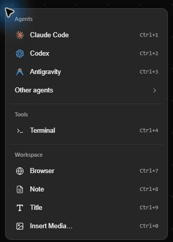 AgentGrid canvas menu with Claude Code under Agents and Browser and Note under Workspace.