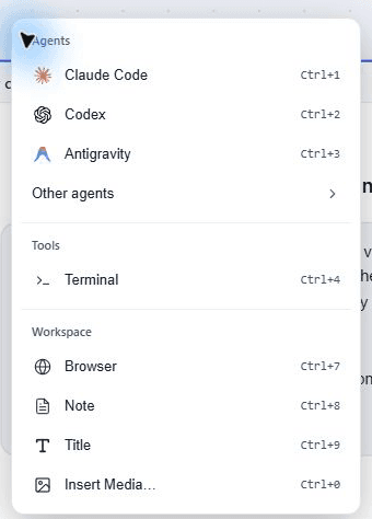 AgentGrid canvas menu with Claude Code under Agents and Browser and Note under Workspace.