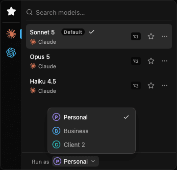 AgentGrid model picker footer showing the Run as control open, listing Personal, Business and Client 2 with their account-letter monograms.