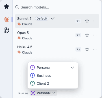 AgentGrid model picker footer showing the Run as control open, listing Personal, Business and Client 2 with their account-letter monograms.