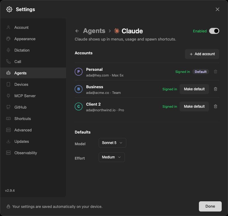 AgentGrid Settings on Agents, Claude page, showing three accounts (Personal, Business, Client 2) each signed in, with Add account, Default and Make default controls.
