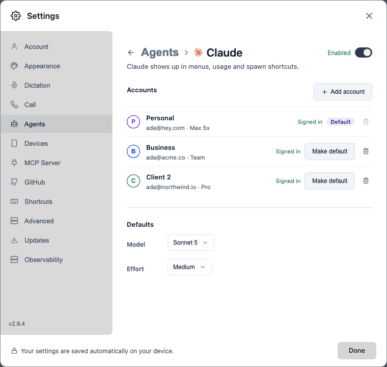 AgentGrid Settings on Agents, Claude page, showing three accounts (Personal, Business, Client 2) each signed in, with Add account, Default and Make default controls.