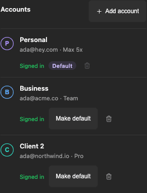 AgentGrid Agents > Claude Accounts card in its narrow-width layout: three accounts (Personal, Business, Client 2) each Signed in, with Add account, Default and Make default controls stacked under each account.