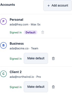 AgentGrid Agents > Claude Accounts card in its narrow-width layout: three accounts (Personal, Business, Client 2) each Signed in, with Add account, Default and Make default controls stacked under each account.