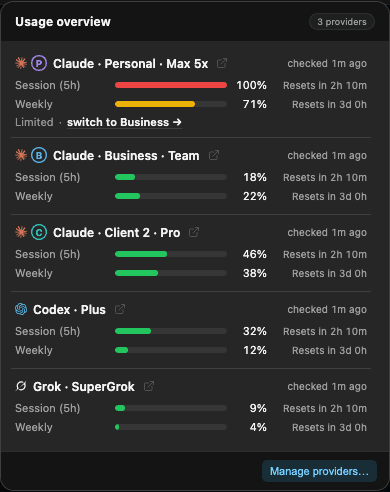 AgentGrid usage overview popover with one section per account: Claude Personal at a reached 5-hour session limit with a switch to Business link, Claude Business, Claude Client 2, Codex and Grok.