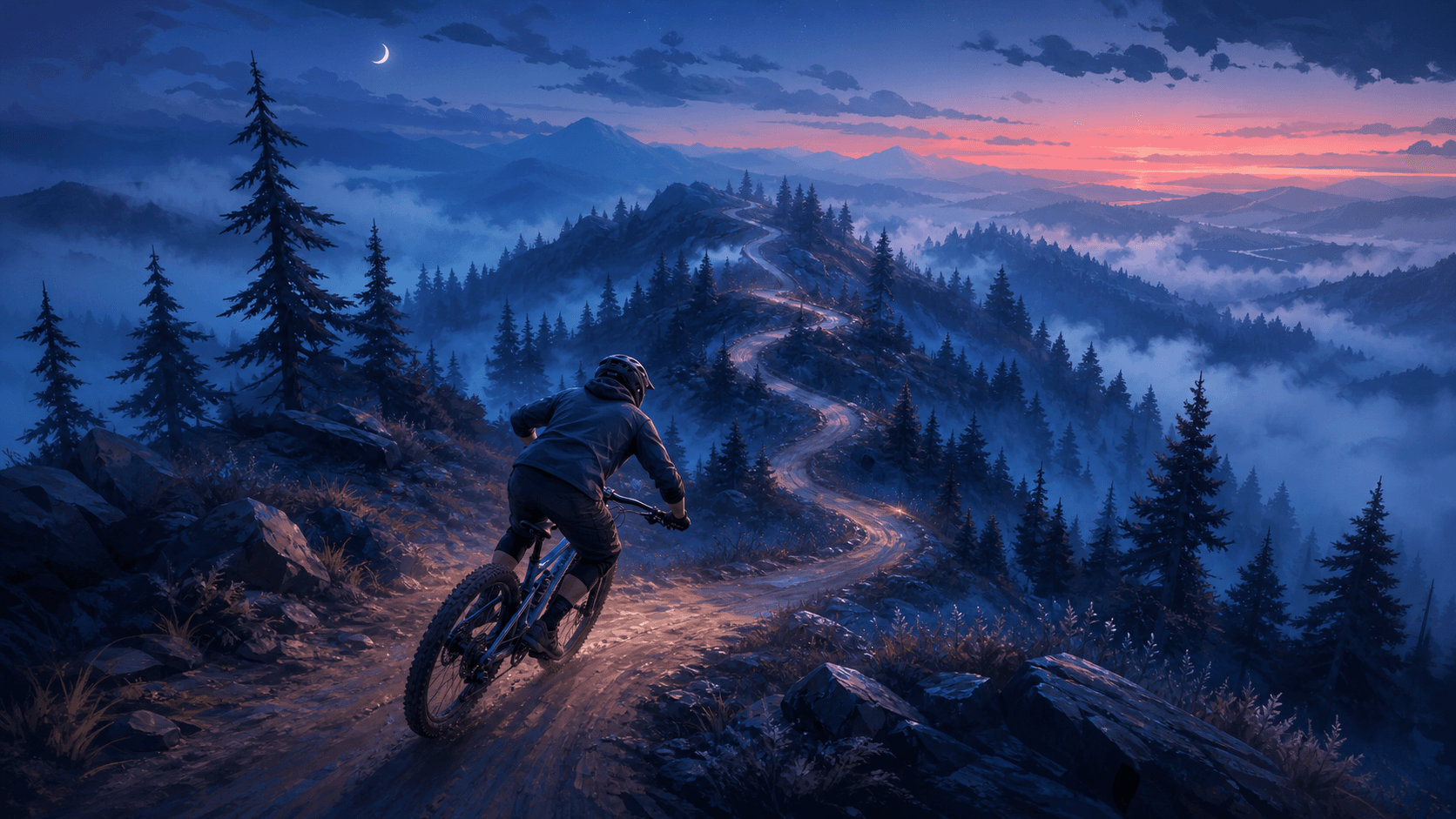 A mountain biker descending a winding alpine trail at dusk
