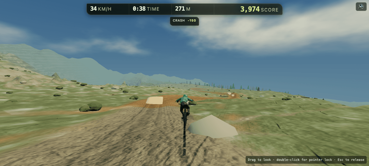 James riding along a broad dirt trail with mountain ridges ahead and the score HUD above