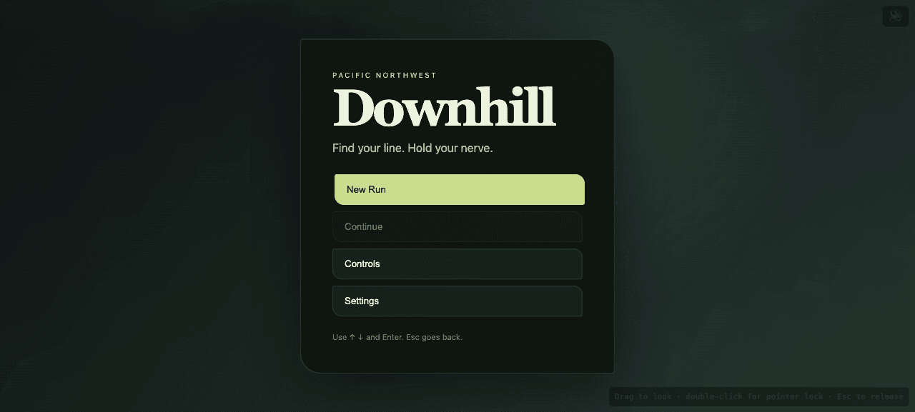 The Downhill title screen with the words Find your line. Hold your nerve.