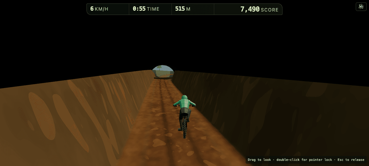 James riding through a dark earthen tunnel toward a bright exit