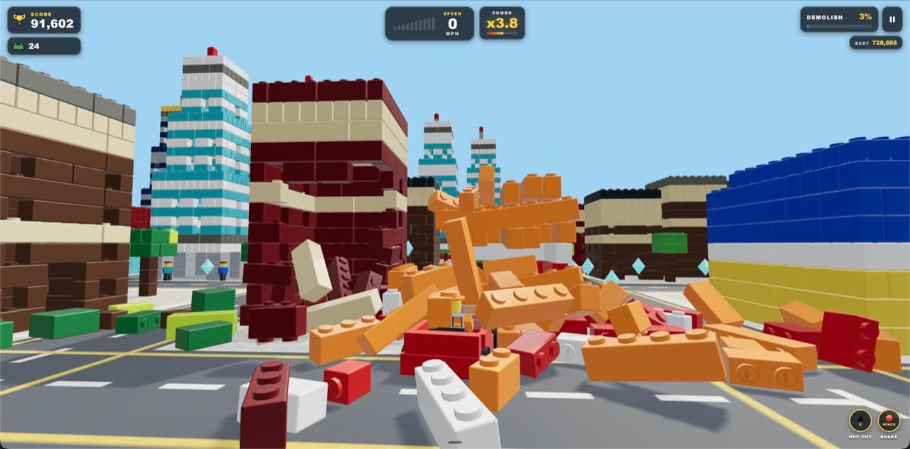 In-game screenshot of a collapsed building scattered as loose bricks across the street, combo x3.8 on the HUD