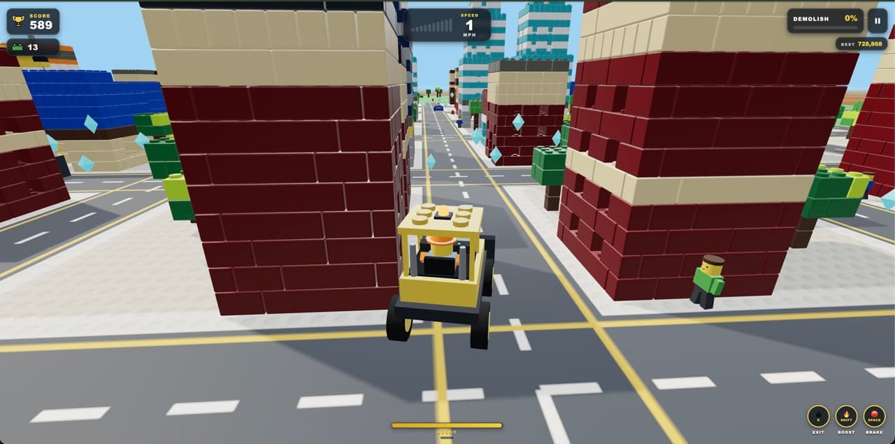 In-game screenshot of Oleg driving a brick excavator down a city street between towers