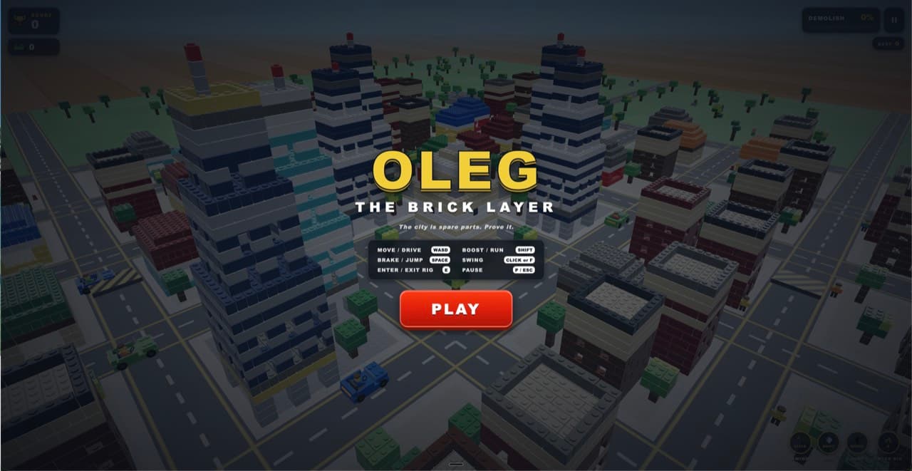 Oleg the Brick Layer title screen over the brick city: the city is spare parts, prove it