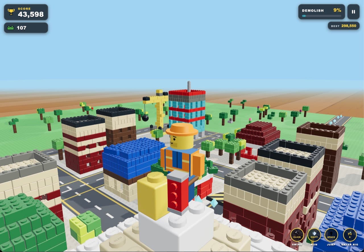 In-game screenshot of Oleg standing on a rooftop above the brick city, with score and demolish HUD