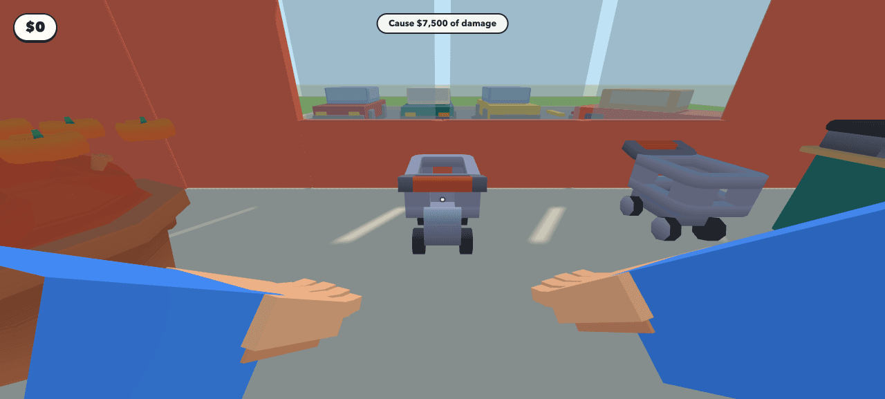 First-person view in SmashMart v1 facing two low-poly shopping carts and a fruit display