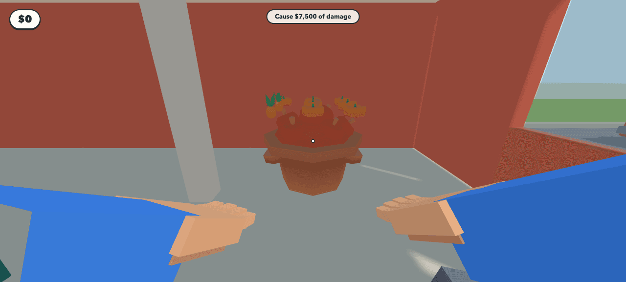 SmashMart v1 first-person hands facing a low-poly fruit stand