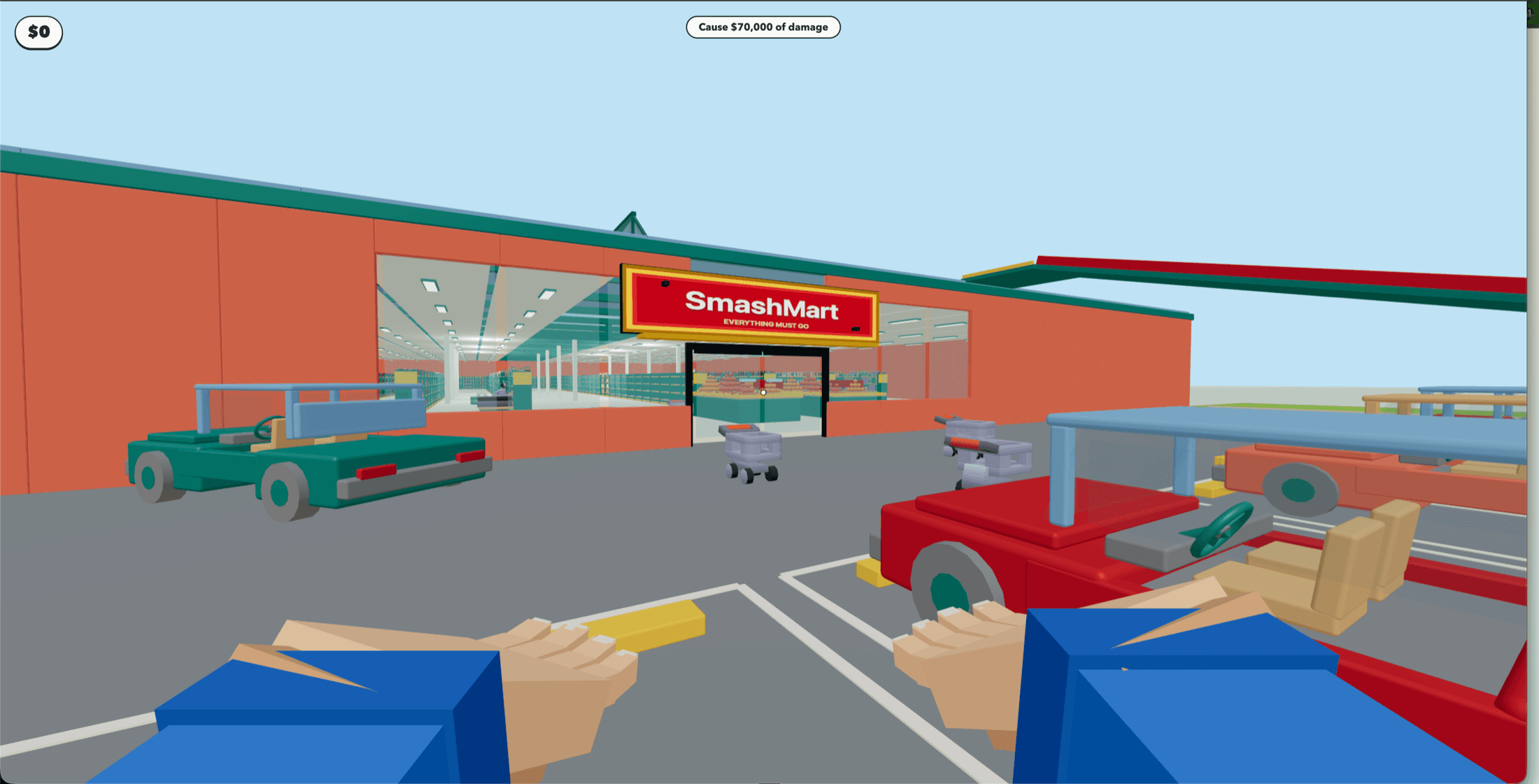 The colorful SmashMart v1 storefront, parking lot, shopping carts, and low-poly cars