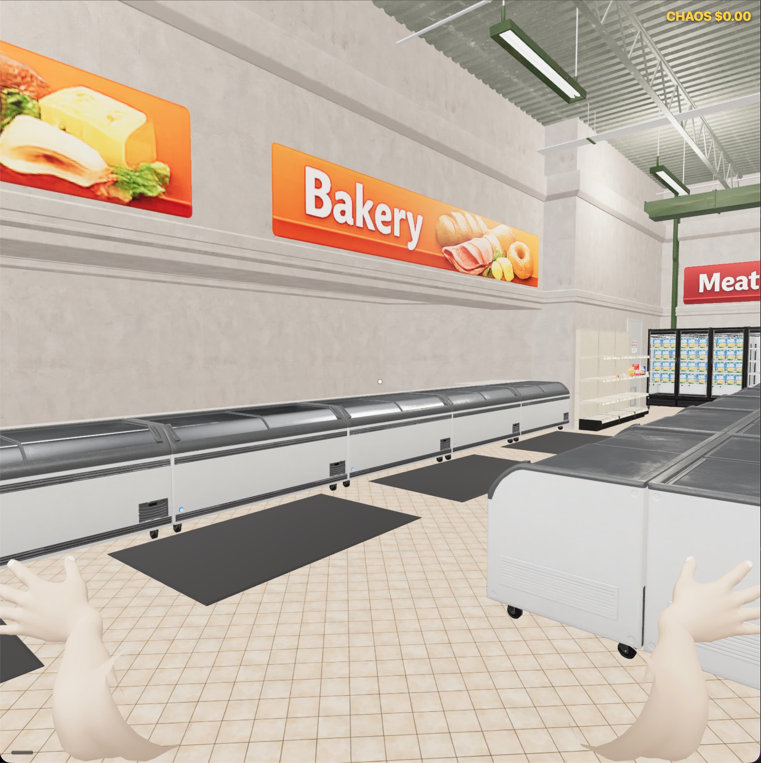 First-person view inside the more realistic SmashMart v2 supermarket near the bakery aisle