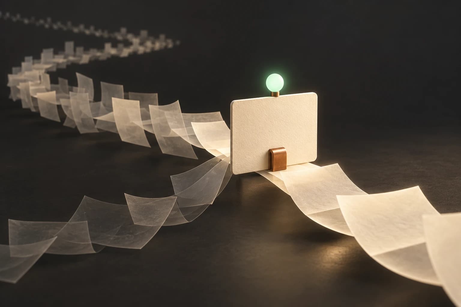 An illuminated checkpoint card anchors a branching trail of translucent pages.