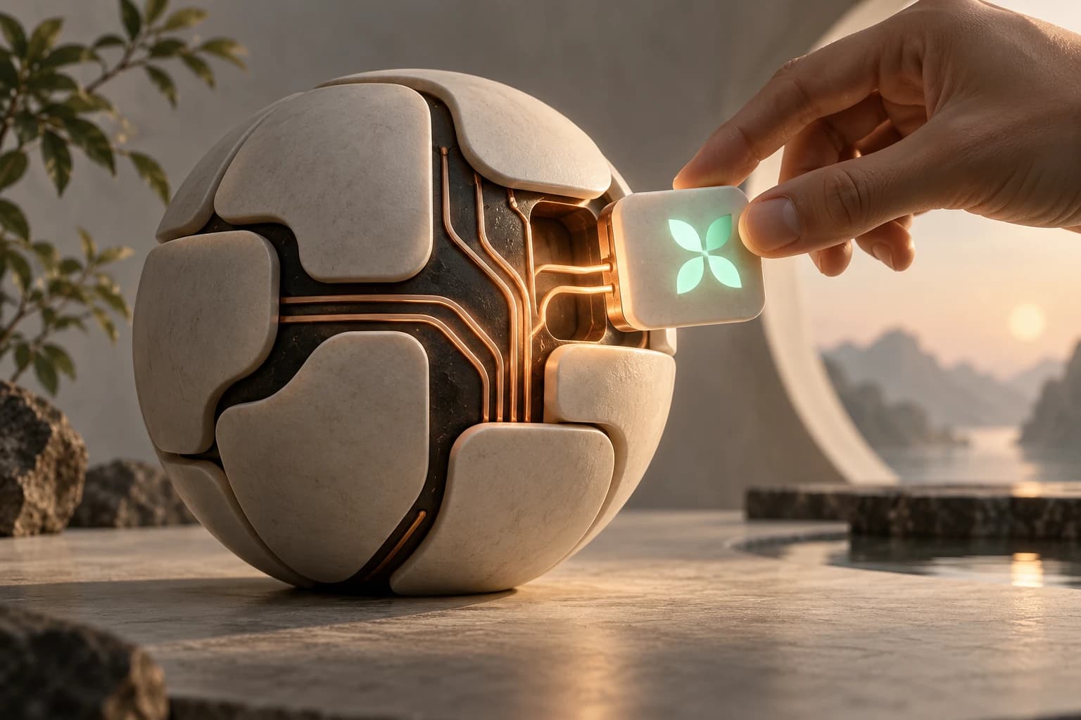 A hand fits a glowing tile into a modular ceramic sphere, an illustration of adding one focused extension.