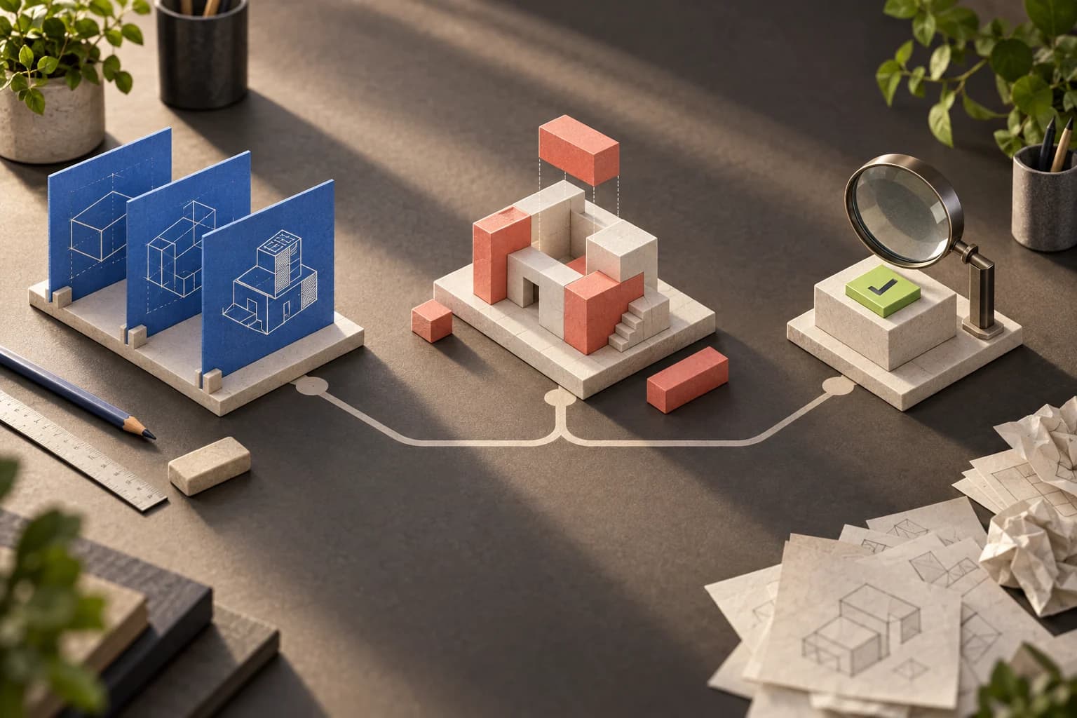 An illustrated workbench connects a short plan, a modular build and a separate inspection station.