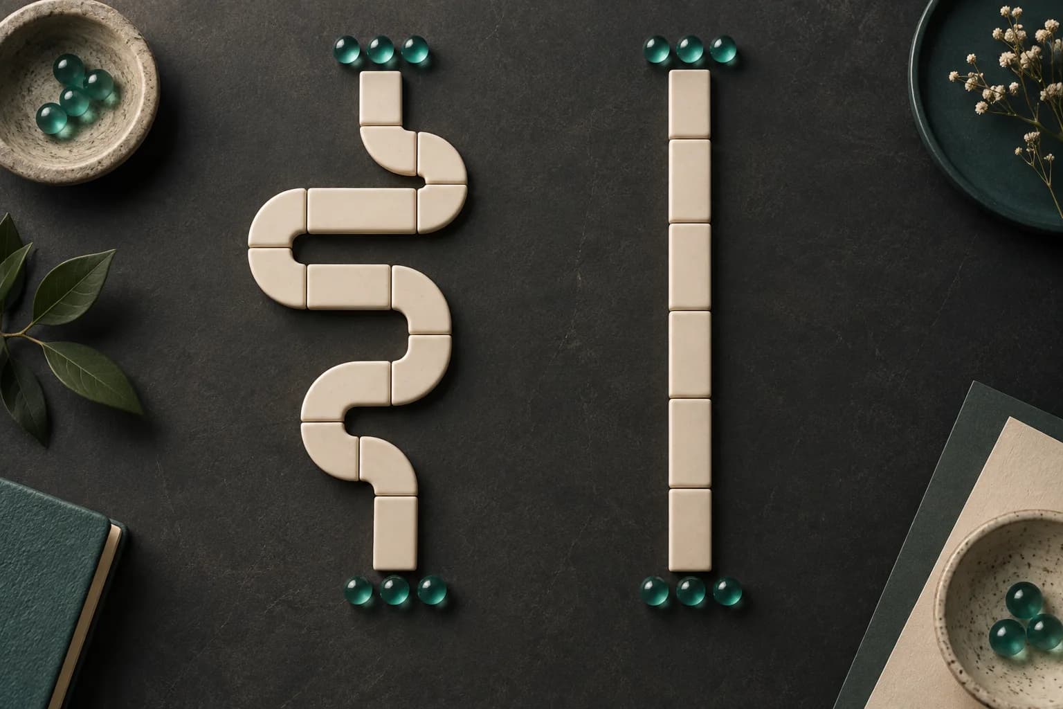 Conceptual illustration of winding and straight tile paths, each with three teal beads at both ends.