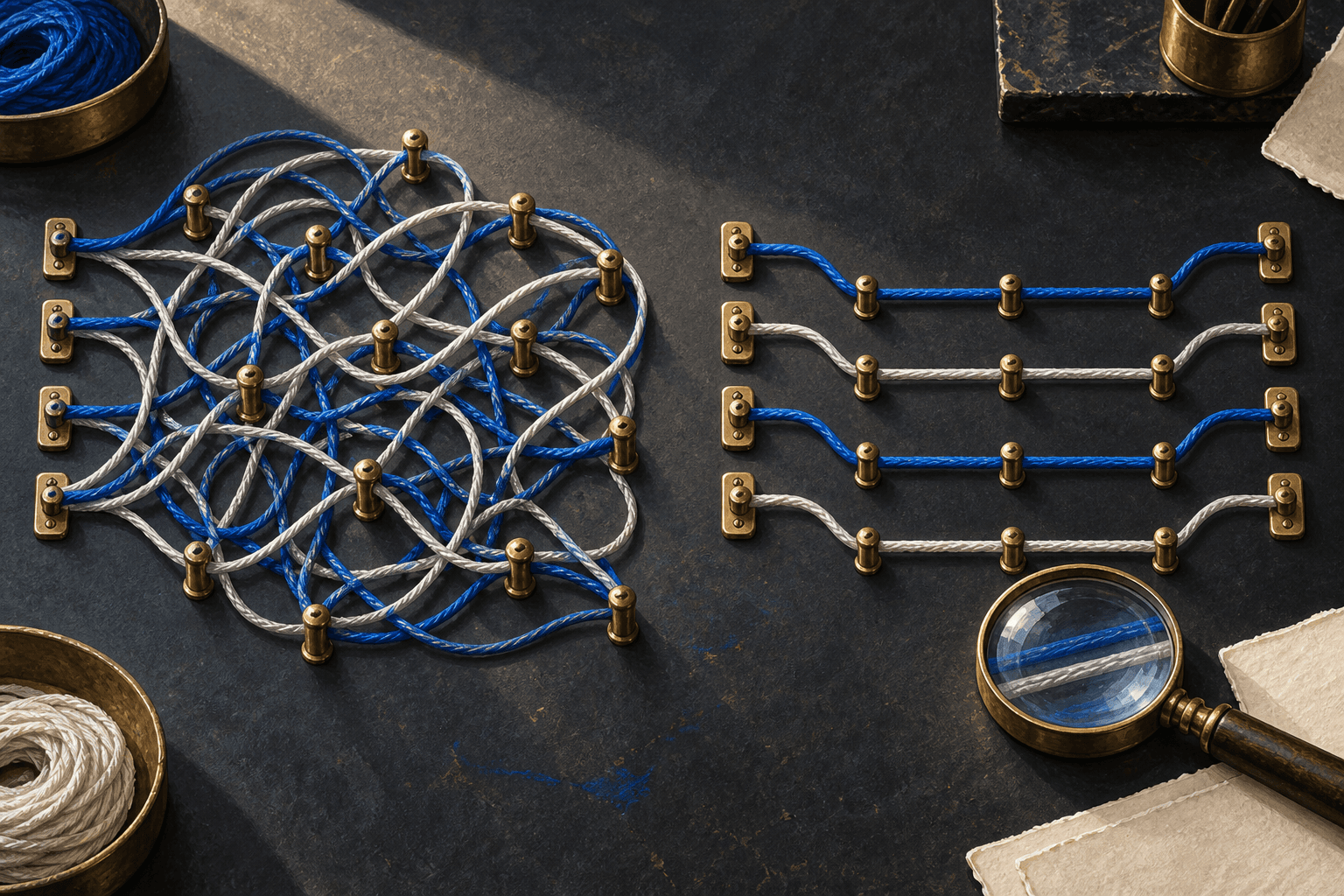 Editorial illustration of tangled blue and ivory threads arranged into clear paths on a workbench