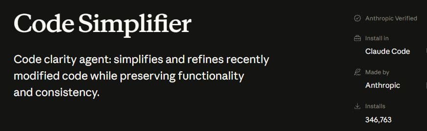 Anthropic's Code Simplifier listing, with the verified badge and Claude Code installation entry