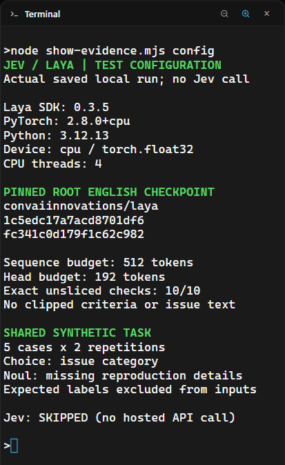 AgentGrid terminal showing Laya 0.3.5 on CPU, the pinned root English checkpoint, 512-token sequence and 192-token head budgets, and ten input checks without clipping.