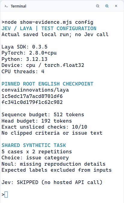 AgentGrid terminal showing Laya 0.3.5 on CPU, the pinned root English checkpoint, 512-token sequence and 192-token head budgets, and ten input checks without clipping.